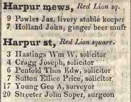 Harpur Mews and street, Red Lion square 1842 Robsons street directory