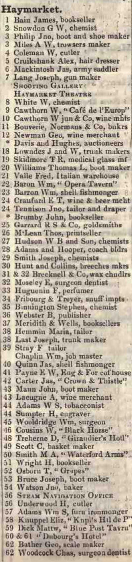 1 - 62 Haymarket 1842 Robsons street directory