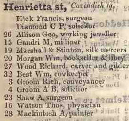 Henrietta street, Cavendish square 1842 sons street directory