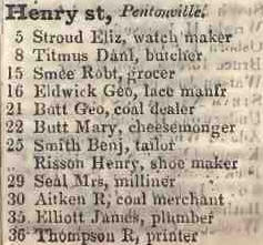 5 - 36 Henry street, Pentonville 1842 sons street directory