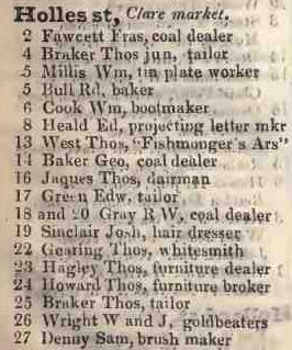 Holles street, Clare market 1842 Robsons street directory