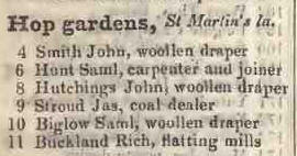 Hop gardens, St Martins lane 1842 Robsons street directory