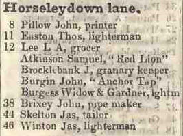 Horselydown Lane 1842 Robsons street directory