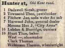 Hunter street, Old Kent road 1842 Robsons street directory