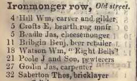 Ironmonger row, Old Street 1842 Robsons street directory
