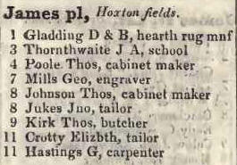 James place, Hoxton fields 1842 Robsons street directory