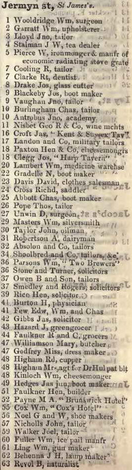 1 - 63 Jermyn street, St James's 1842 Robsons street directory