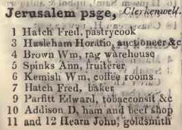 Jerusalem passage, Clerkenwell 1842 Robsons street directory