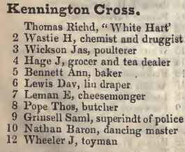 Kennington Cross 1842 Robsons street directory