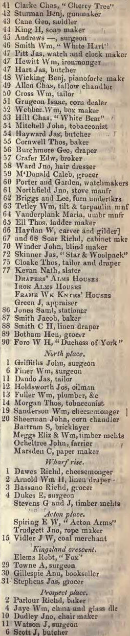 41 to Prospect place, Kingsland road 1842 Robsons street directory