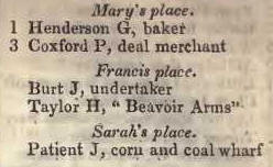 to Sarahs place, Kingsland road 1842 Robsons street directory
