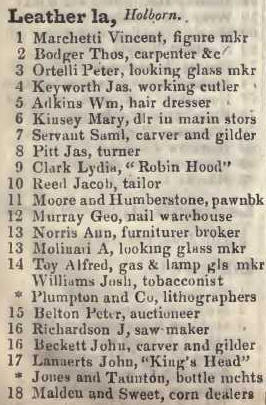 1 - 18 Leather lane, Holborn 1842 Robsons street directory