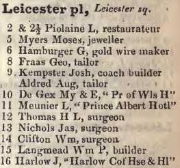 Leicester place, Leicester square 1842 Robsons street directory