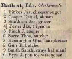 Little Bath street, Clerkenwell 1842 Robsons street directory