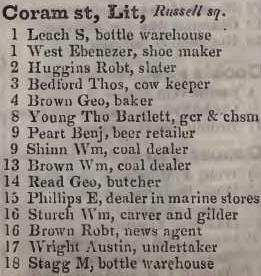 1 - 18 Little Coram street, Russell square 1842 Robsons street directory