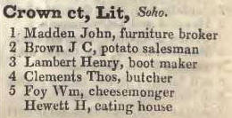 Little Crown court, Soho 1842 Robsons street directory