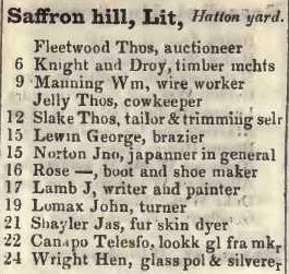 Little Saffron hill, Hatton garden 1842 Robsons street directory