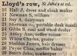 Lloyds row, St Johns street road 1842 Robsons street directory