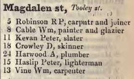 Magdalen street, Tooley street 1842 Robsons street directory