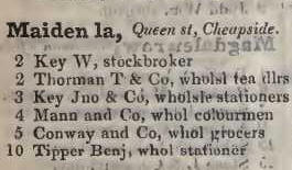 Maiden lane, Queen street, Cheapside 1842 Robsons street directory