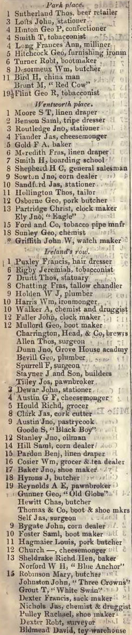 Park place to White Swan, Mile end road, Whitechapel, North side 1842 Robsons street directory