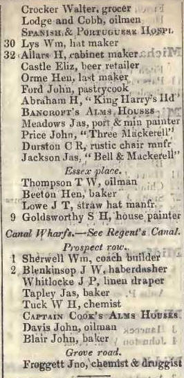 Hospital to Park place to Prospect row, Mile end road, Whitechapel, North side 1842 Robsons street directory