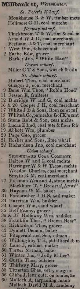 to 60 Millbank street, Westminster 1842 Robsons street directory