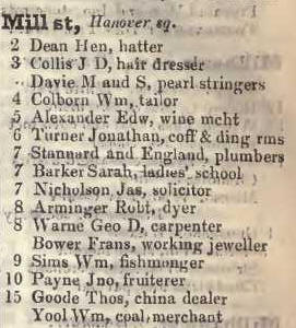 Mill street, Hanover square 1842 Robsons street directory