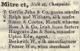 Mitre court, Milk street, Cheapside 1842 Robsons street directory