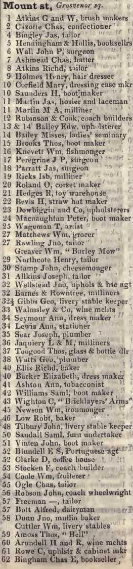 1 - 62 Mount street, Grosvenor square 1842 Robsons street directory