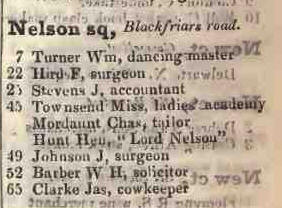 Nelson square, Blackfriars road 1842 Robsons street directory