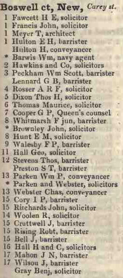 New Boswell court, Carey street 1842 Robsons street directory