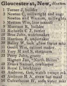 New Gloucester street, Hoxton 1842 Robsons street directory