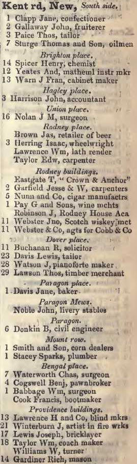 to Providence buildings, New Kent road 1842 Robsons street directory