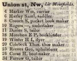 New Union street, Little Moorfields 1842 Robsons street directory