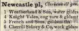 Newcastle place, Clerkenwell green 1842 Robsons street directory