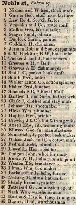 Noble street, Falcon square 1842 Robsons street directory