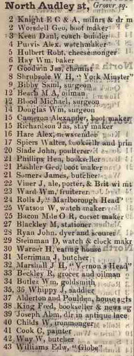 North Audley street, Grosvenor square 1842 Robsons street directory