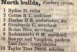 1 - 12 North Buildings, Finsbury circus 1842 Robsons street directory