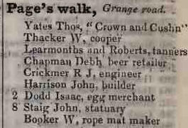 Pages Walk, Grange road 1842 Robsons street directory