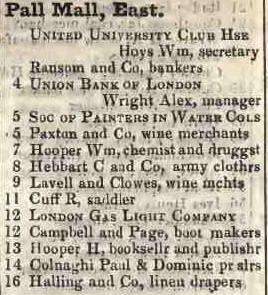 Pall Mall East 1842 Robsons street directory