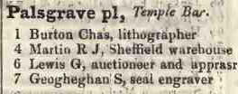Palsgrave place, Temple bar 1842 Robsons street directory