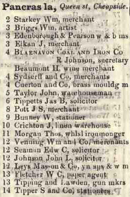 Pancras lane, Queen street, Cheapside 1842 Robsons street directory