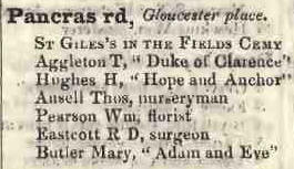 Pancras road, Gloucester place 1842 Robsons street directory