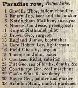 Paradise row, Rotherhithe 1842 Robsons street directory
