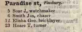 Paradise street, Finsbury 1842 Robsons street directory