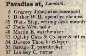 Paradise street, Lambeth 1842 Robsons street directory