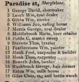 Paradise street, Marylebone 1842 Robsons street directory