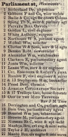 1 - 22 Parliament street, Westminster 1842 Robsons street directory