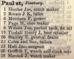 1 - 28 Paul street, Finsbury 1842 Robsons street directory